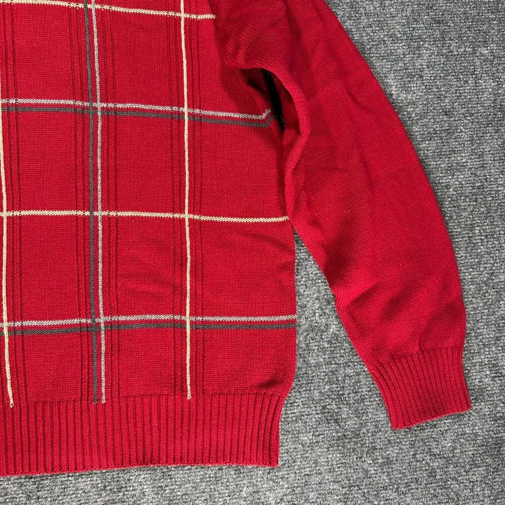 Oscar De La Renta Sweater Mens XL Red Plaid Cotton Crew Neck Ribbed Cuffs Hem